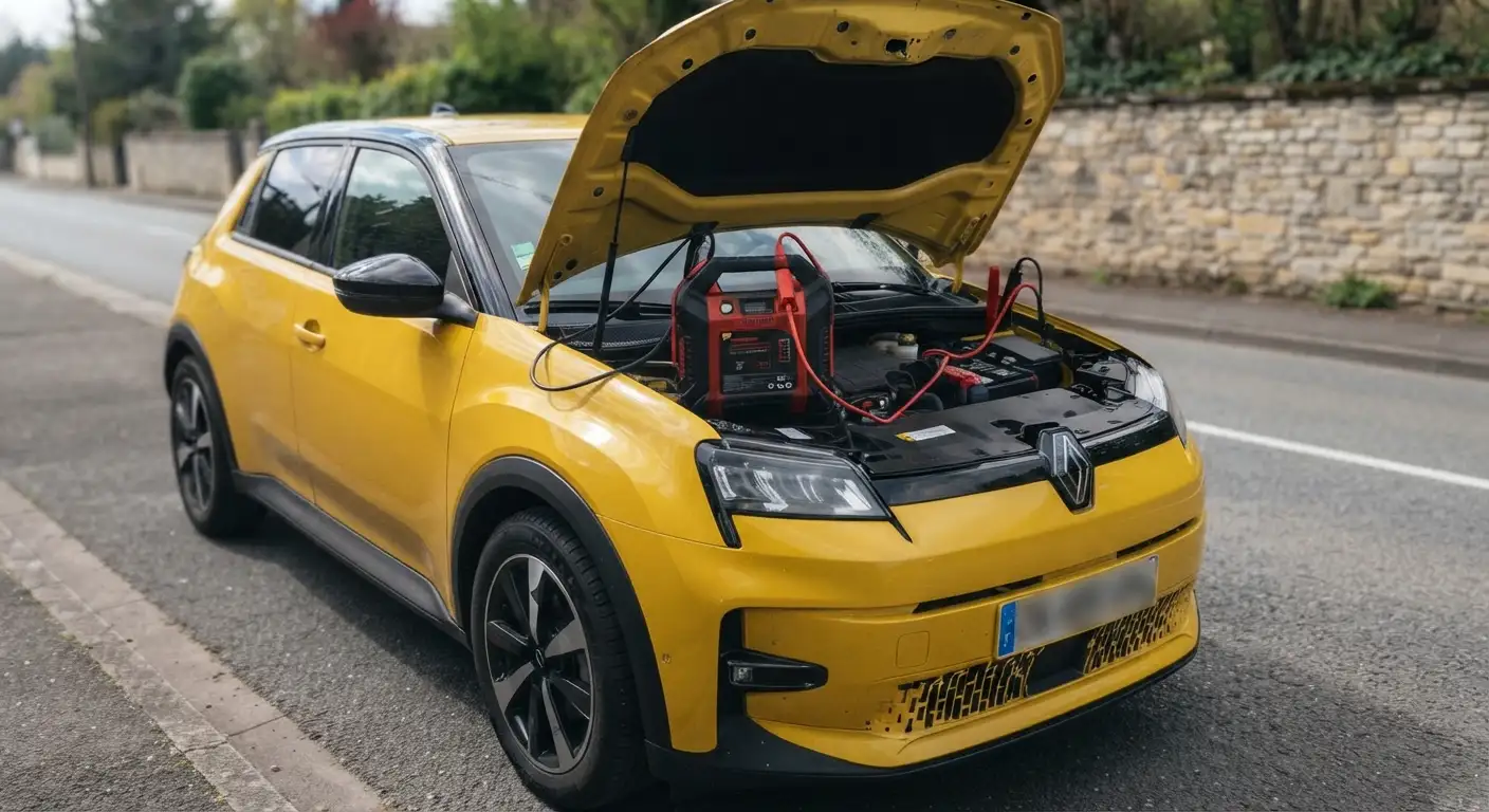 Voiture jaune capot ouvert, reliée à un booster de démarrage