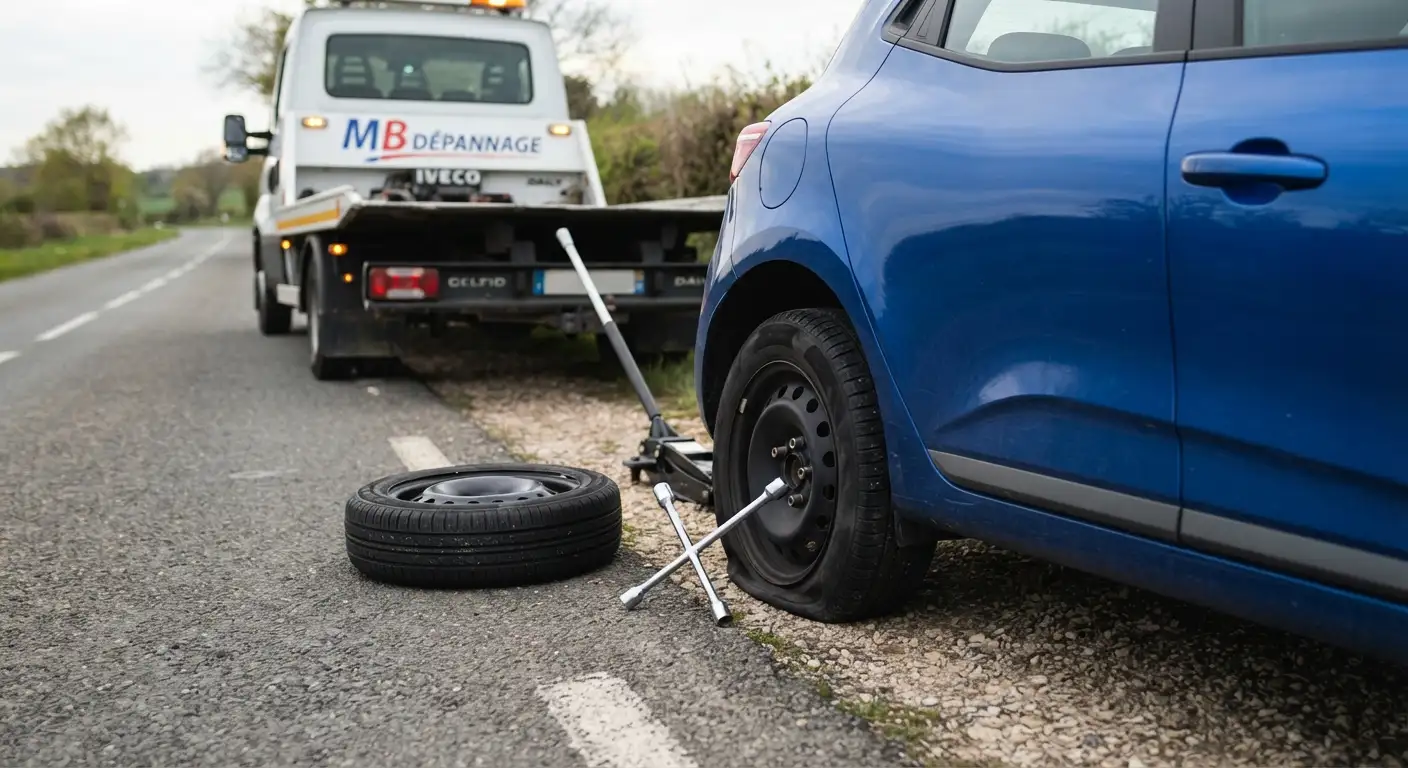 Roue crevée au bord de la route, roue de secours et cric au sol, dépanneuse MB Dépannage derrière