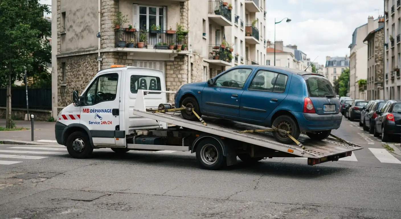 Vieille voiture chargée sur le plateau d'une dépanneuse MB Dépannage en ville