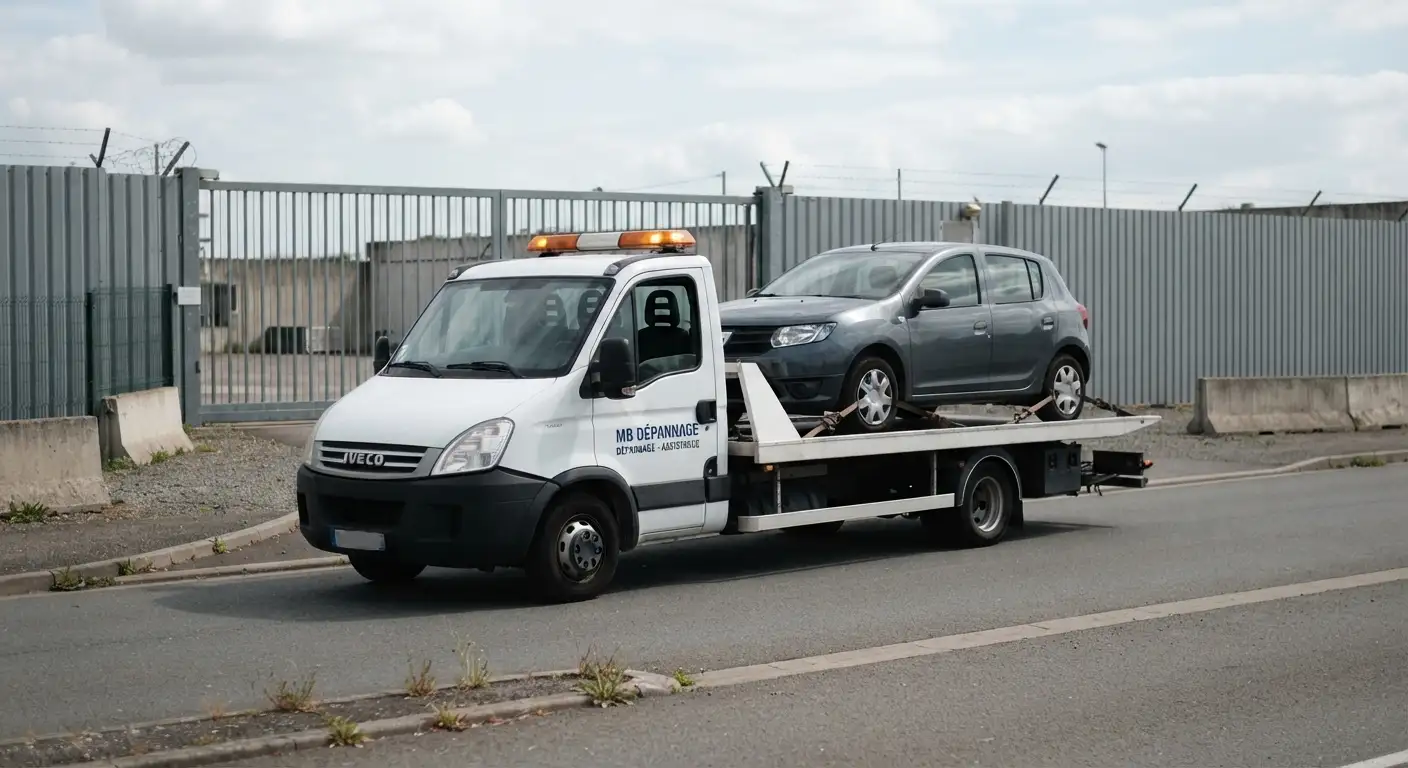 Dépanneuse MB Dépannage transportant une voiture devant une fourrière